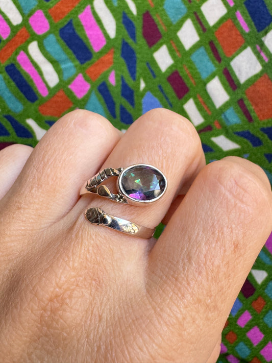 Adjustable mystic stone silver ring, size 14 X 50