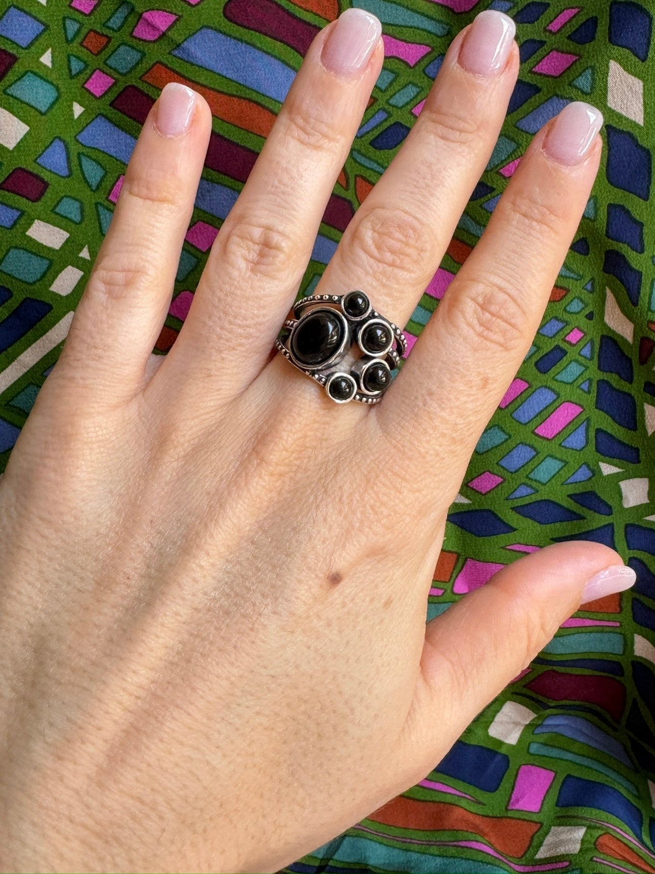 Black onyx silver boho ring