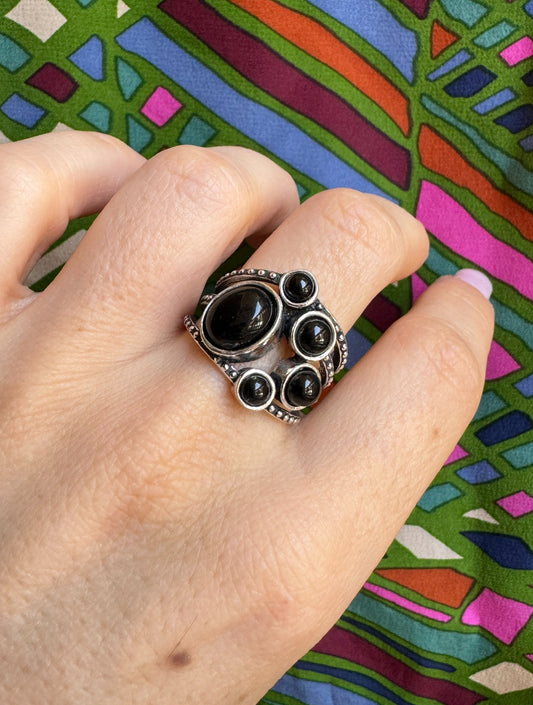 Black onyx silver boho ring