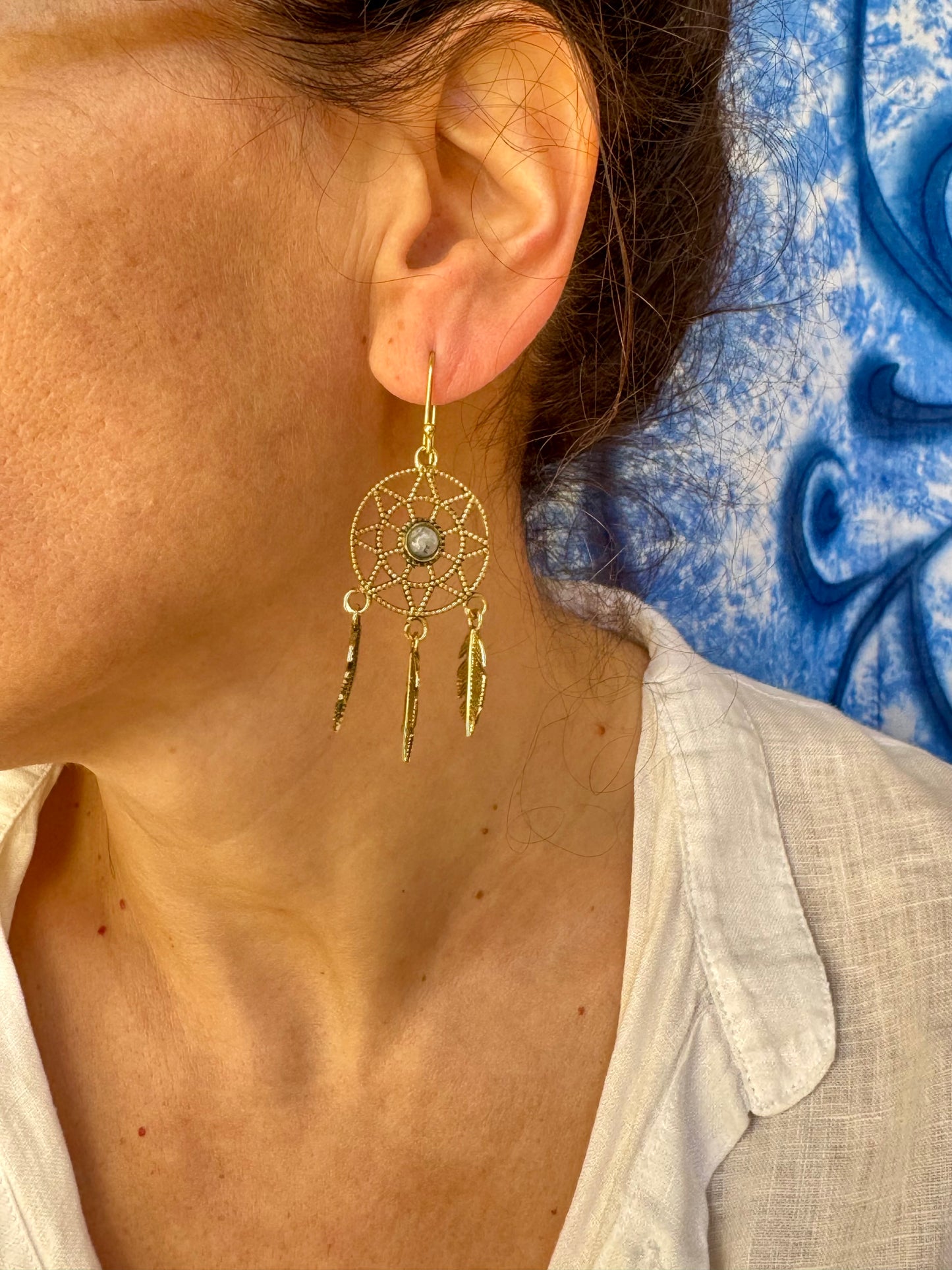 Orecchini boho dorato acchiappasogni pietra di luna