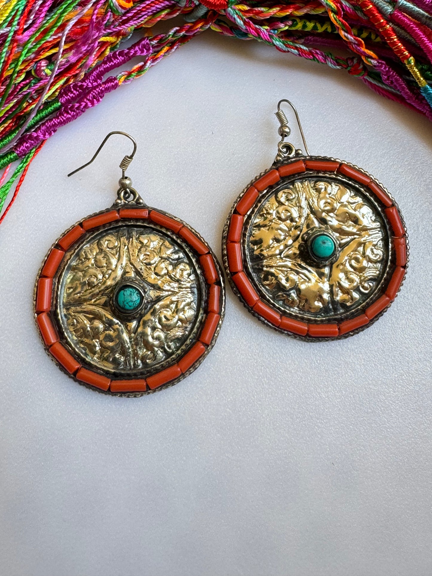 Red and turquoise Nepalese earrings