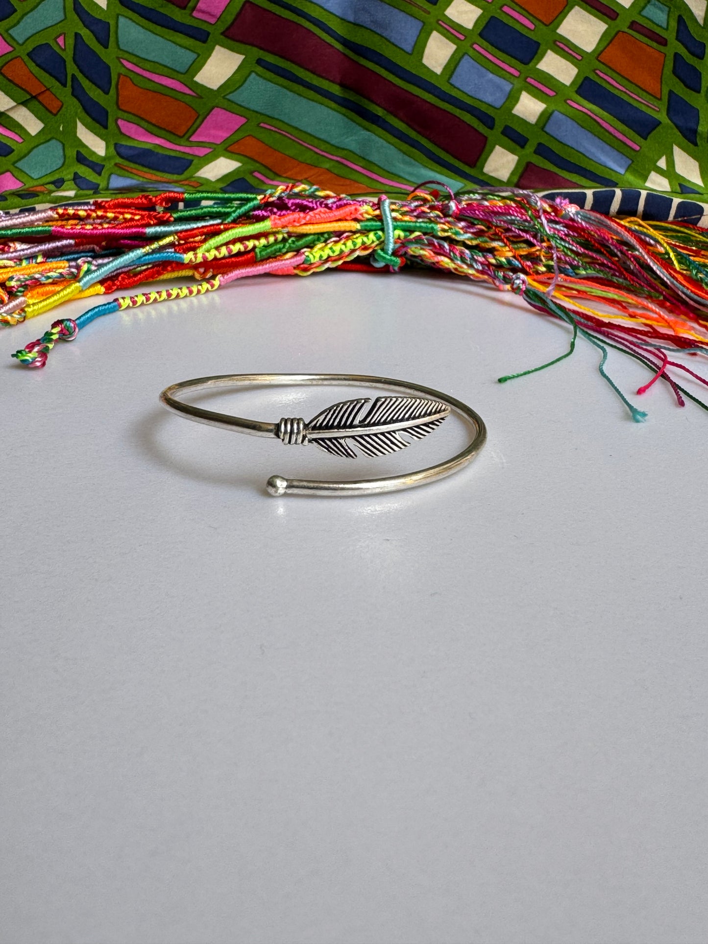 Silver boho feather bracelet