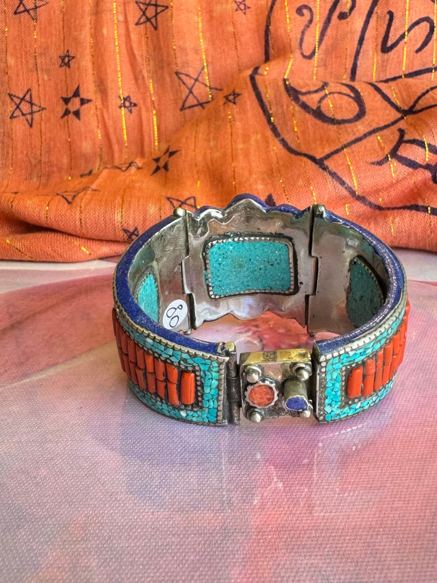 Vintage Nepalese pink and blue turquoise flower bangle bracelet