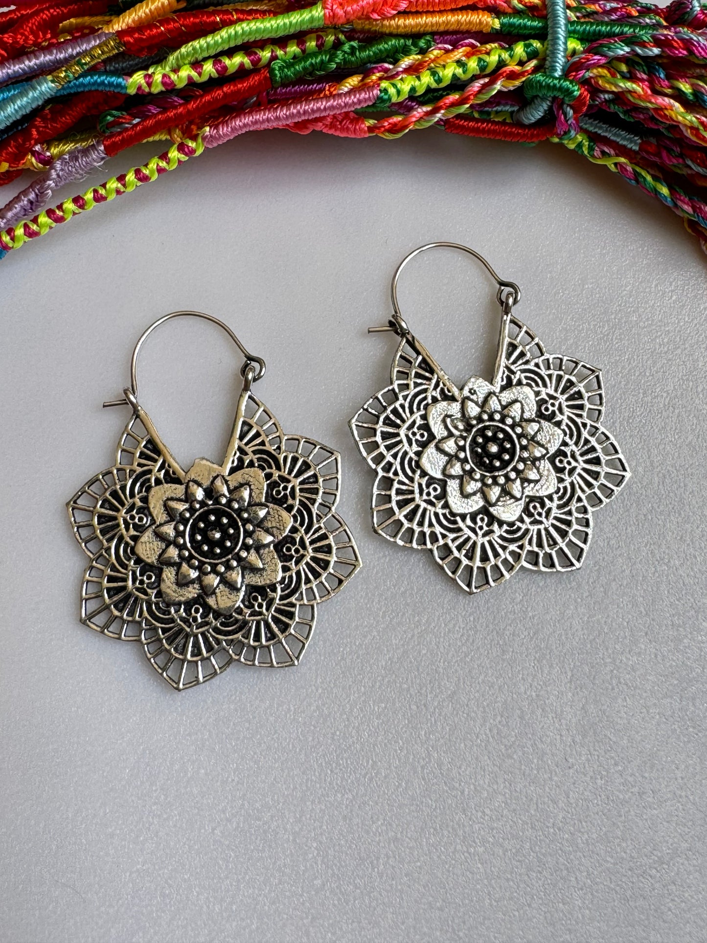 Silver mandala boho earrings