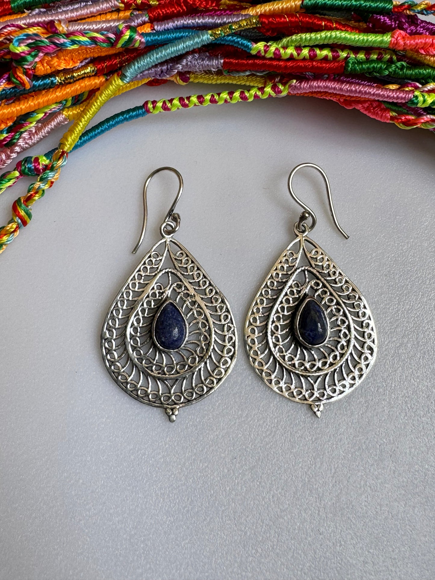 Boho silver lapis pierced drop earrings