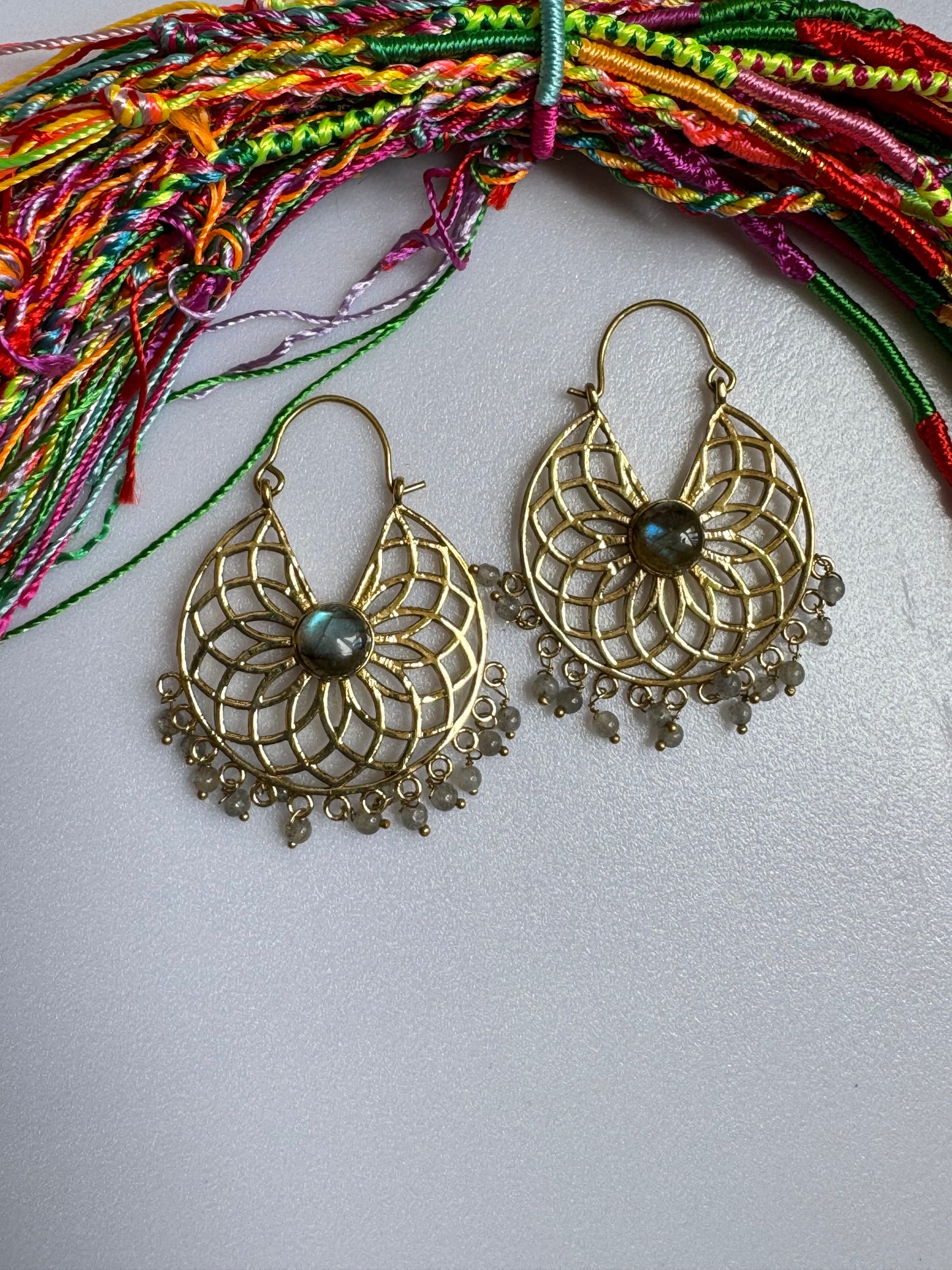 Golden labradorite shield boho earrings