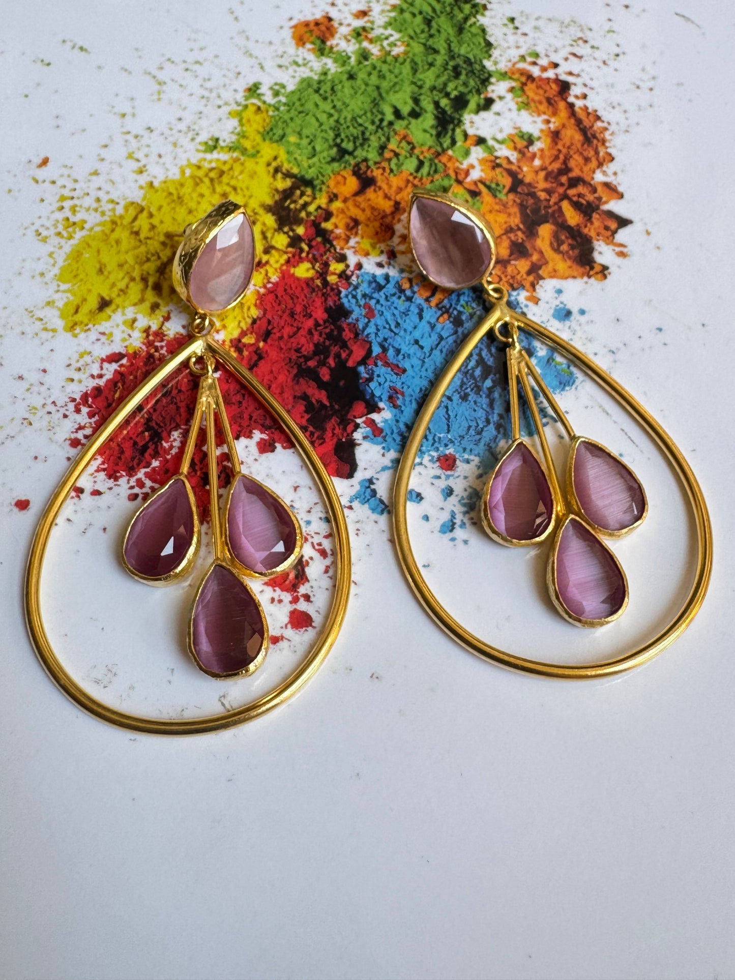 Three-stone pink drop earrings