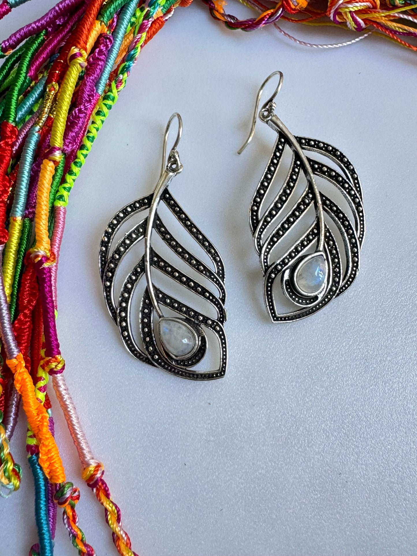 Moonstone Feather Silver Boho Earrings