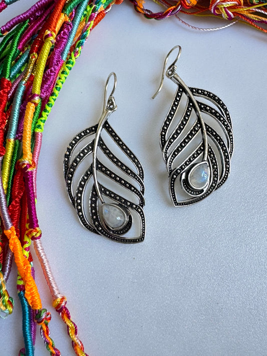 Moonstone Feather Silver Boho Earrings