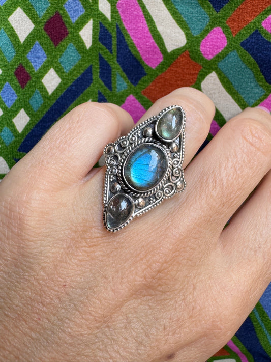 925 Silber Labradorit Ring Größe 12 - X80