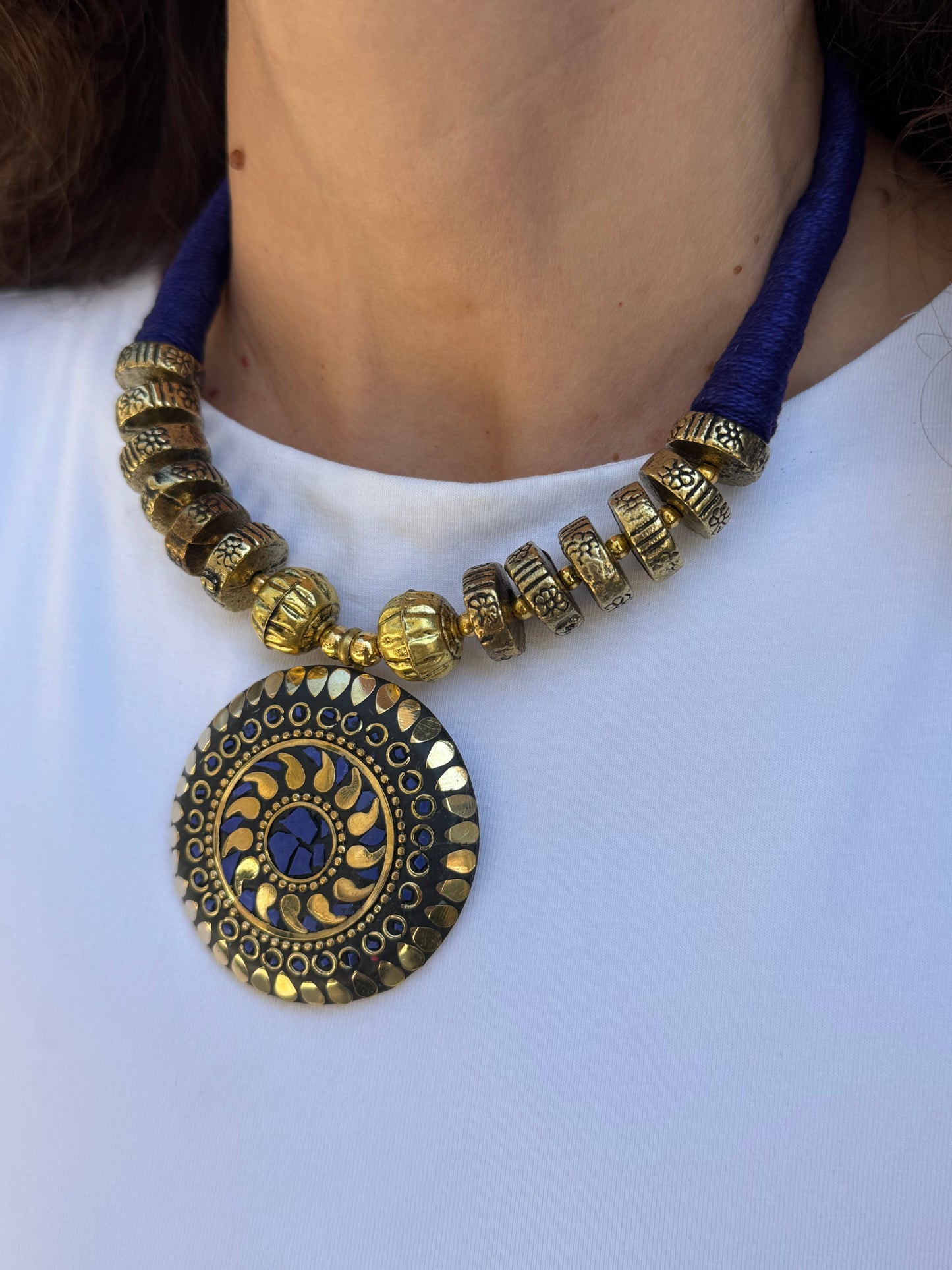 Long Nepalese necklace with blue medallion