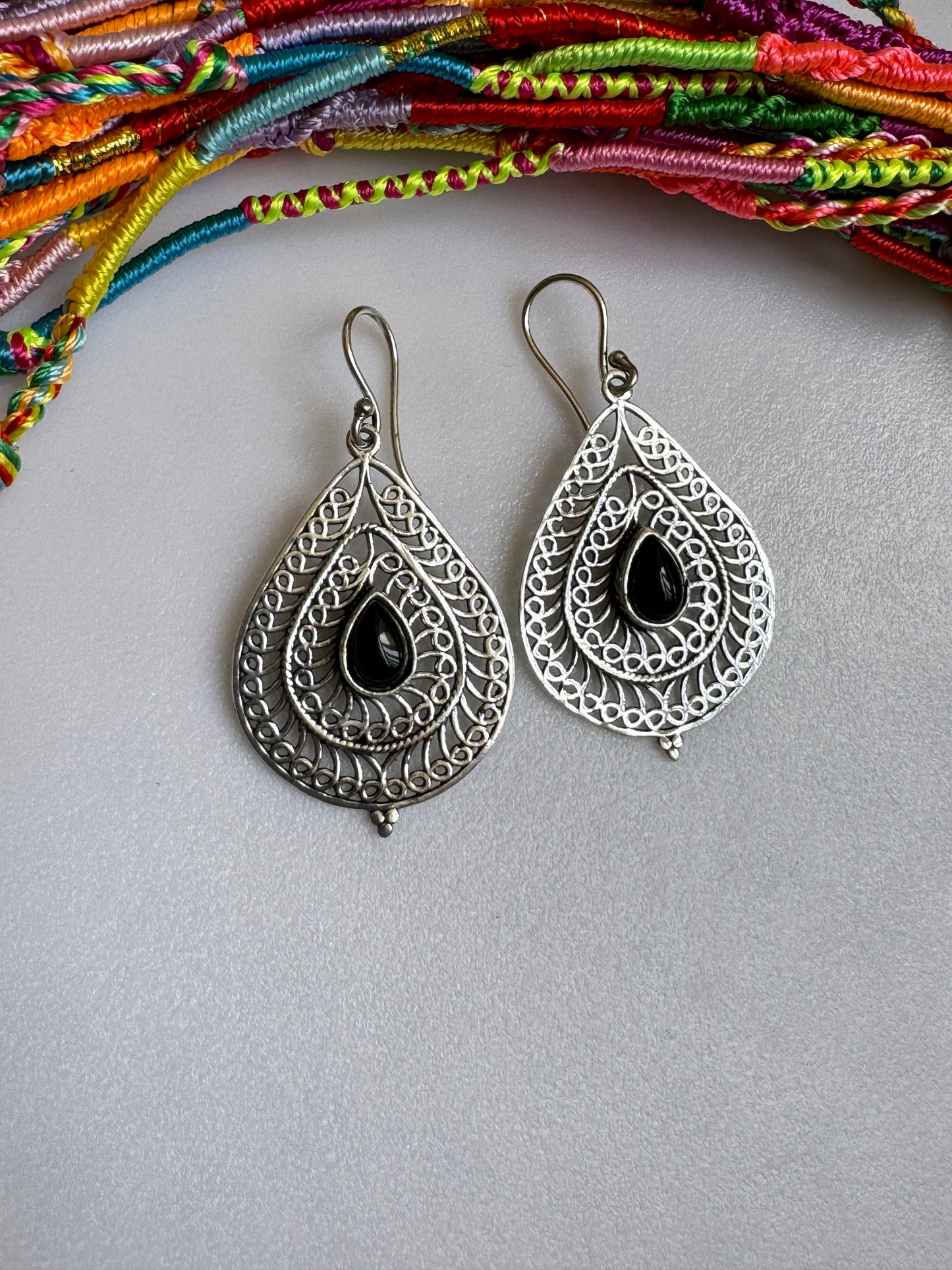 Silver boho onyx pierced drop earrings