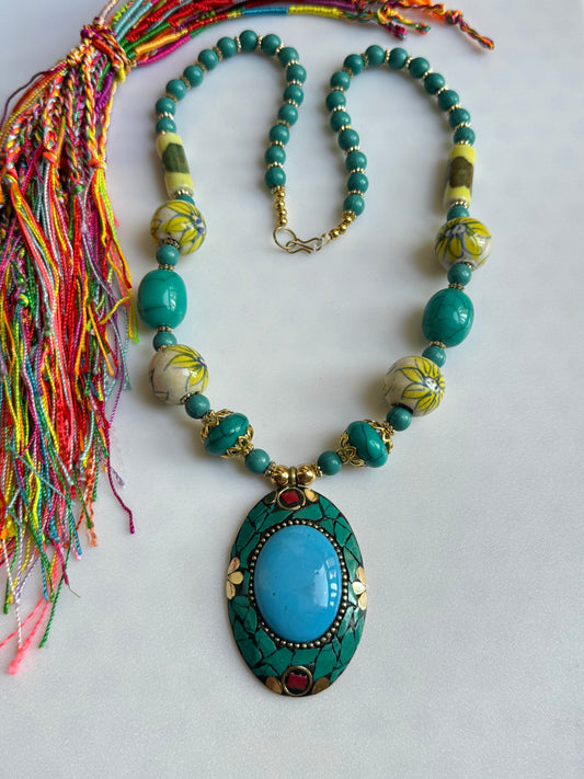 Nepalese Long Necklace with Turquoise Medallion