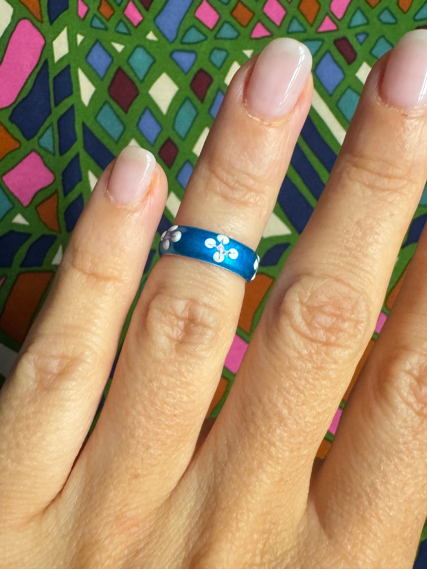 925 silver ring, adjustable phalanx or foot, blue and white flower, 15 mm