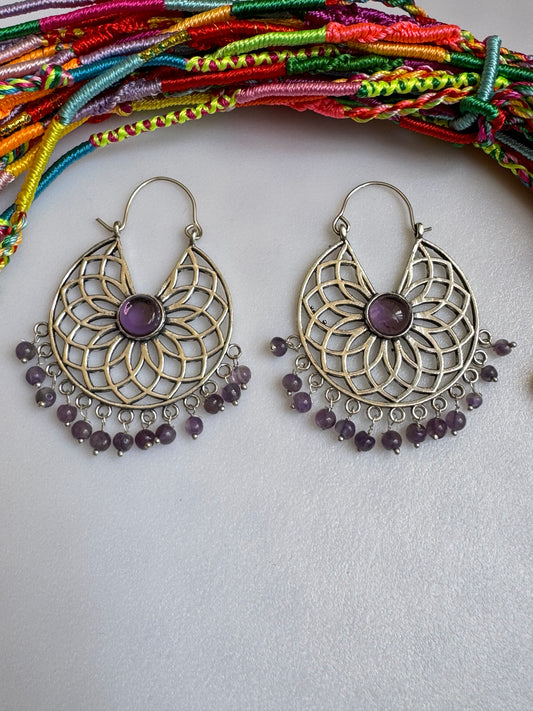 Purple silver boho earrings