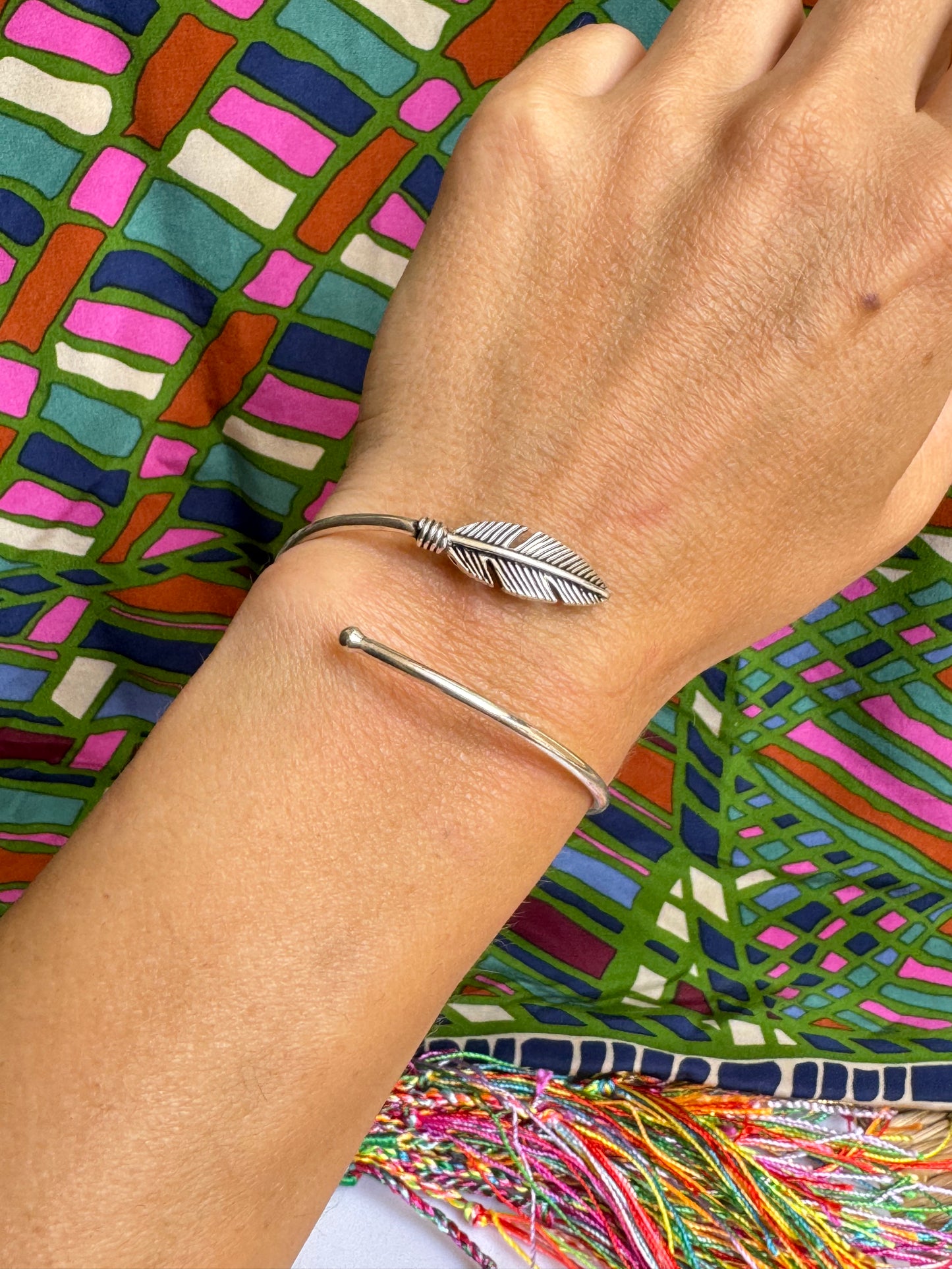 Silver boho feather bracelet