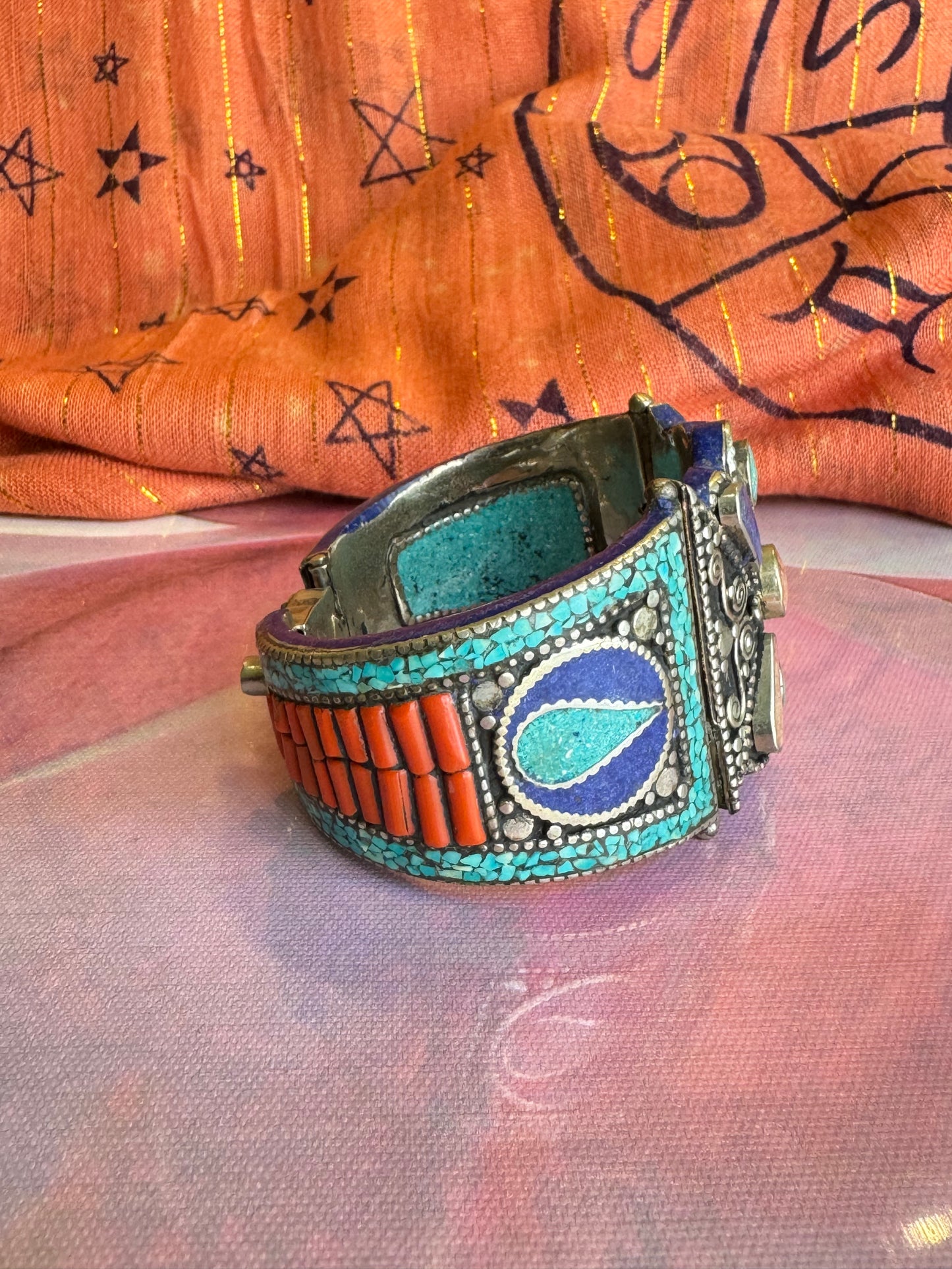 Vintage Nepalese pink and blue turquoise flower bangle bracelet