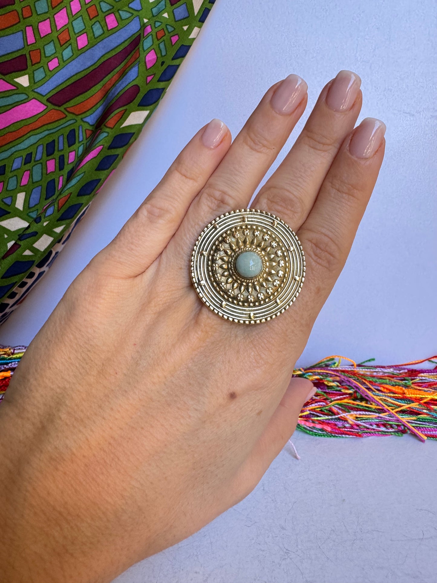 Anello boho dorato larimar regolabile