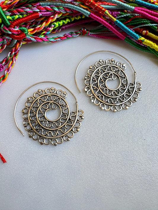 Silver spiral lace boho earrings