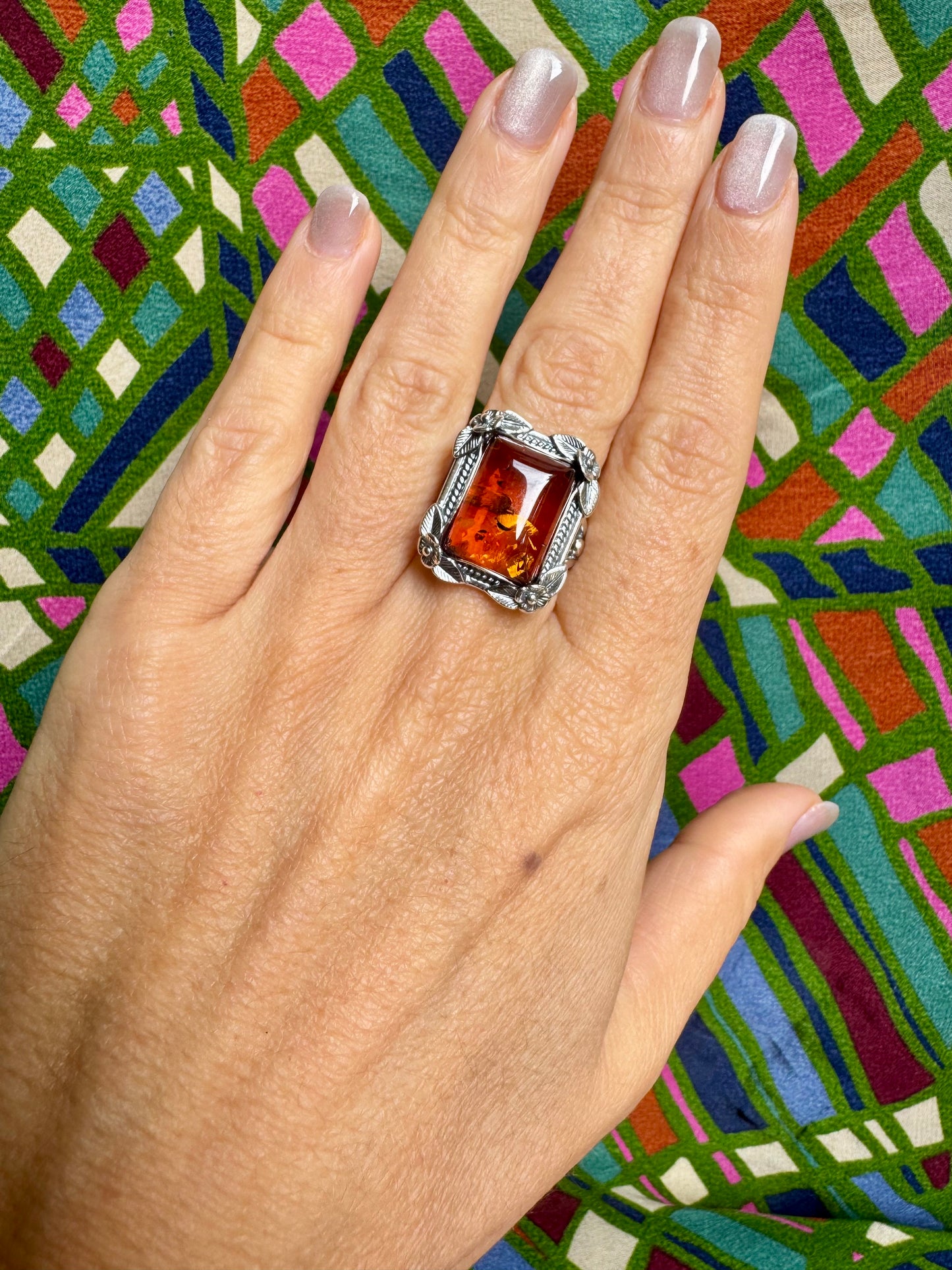 925 silver amber ring size 15 adjustable 48A