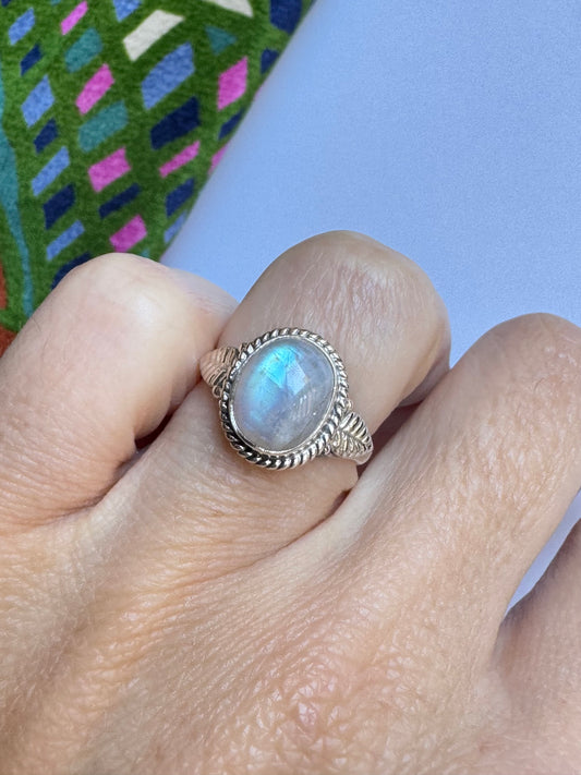 Anello argento 925 Pietra di luna arcobaleno misura 12 - 14UM