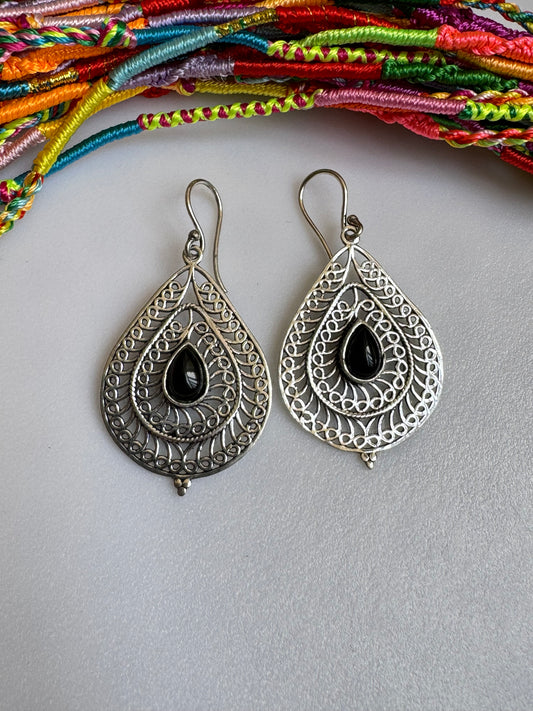 Silver boho onyx pierced drop earrings