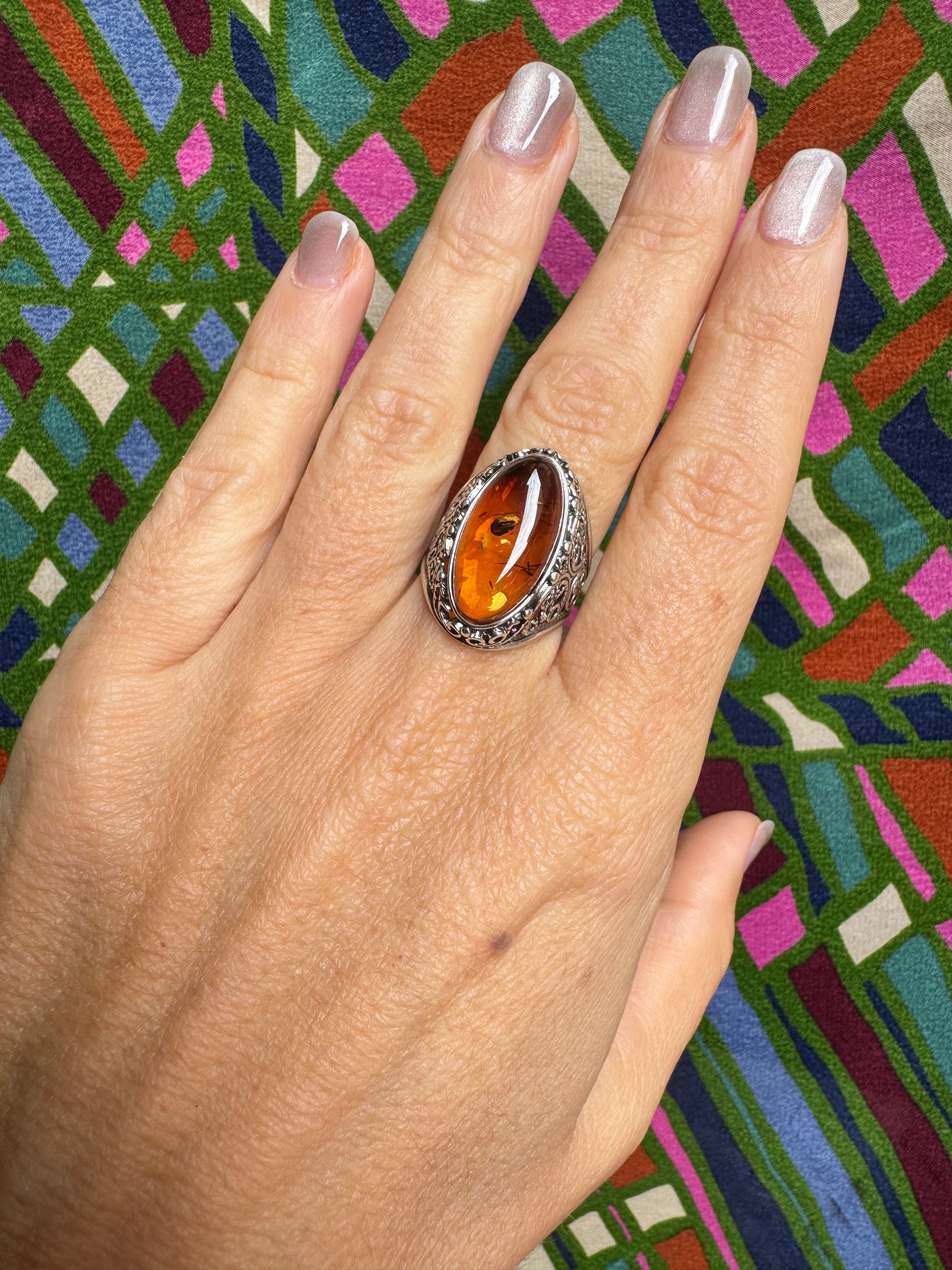 925 silver amber ring size 14 adjustable 58A