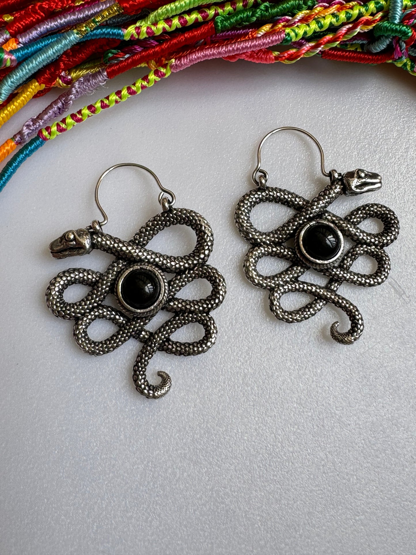 Silver onyx snake boho earrings