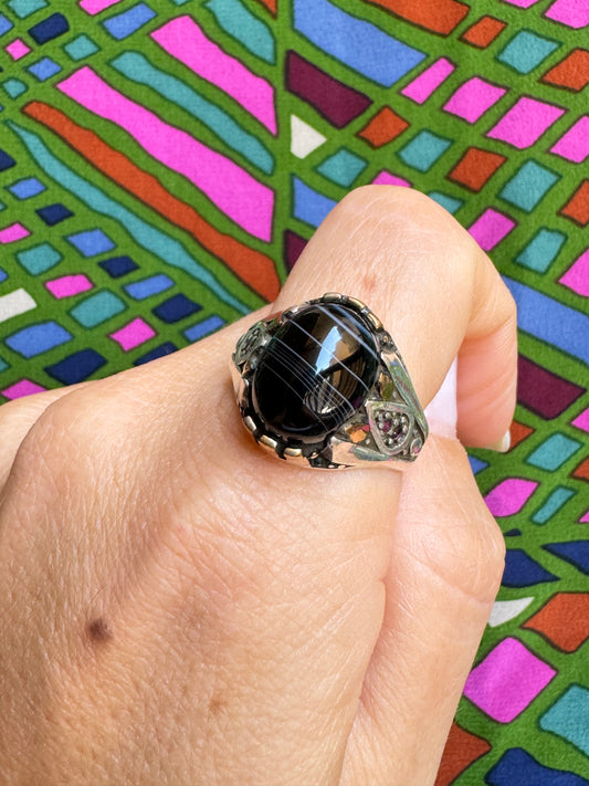 Black onyx silver ring striated T64