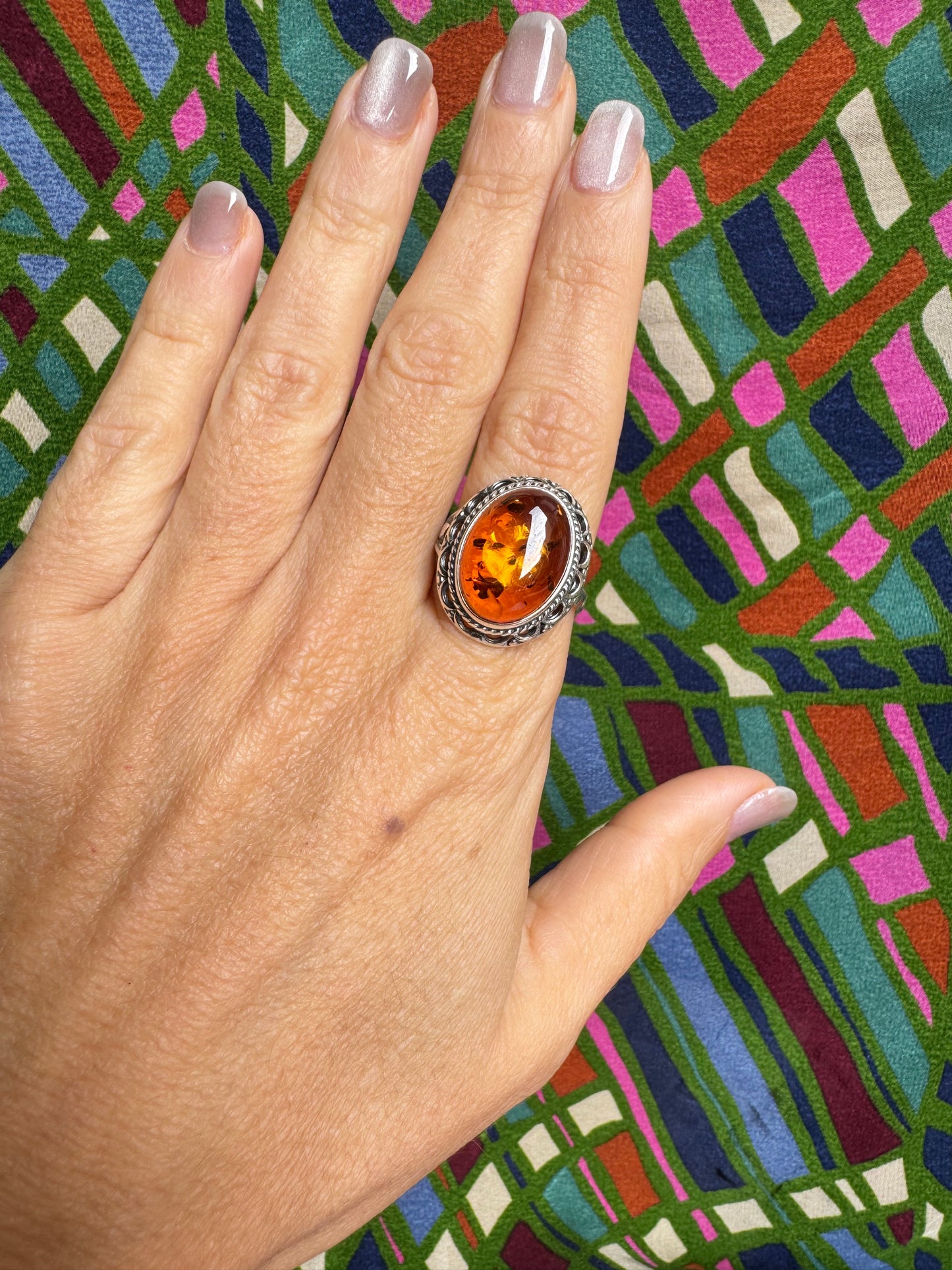 925 silver amber ring size 18 adjustable 47A