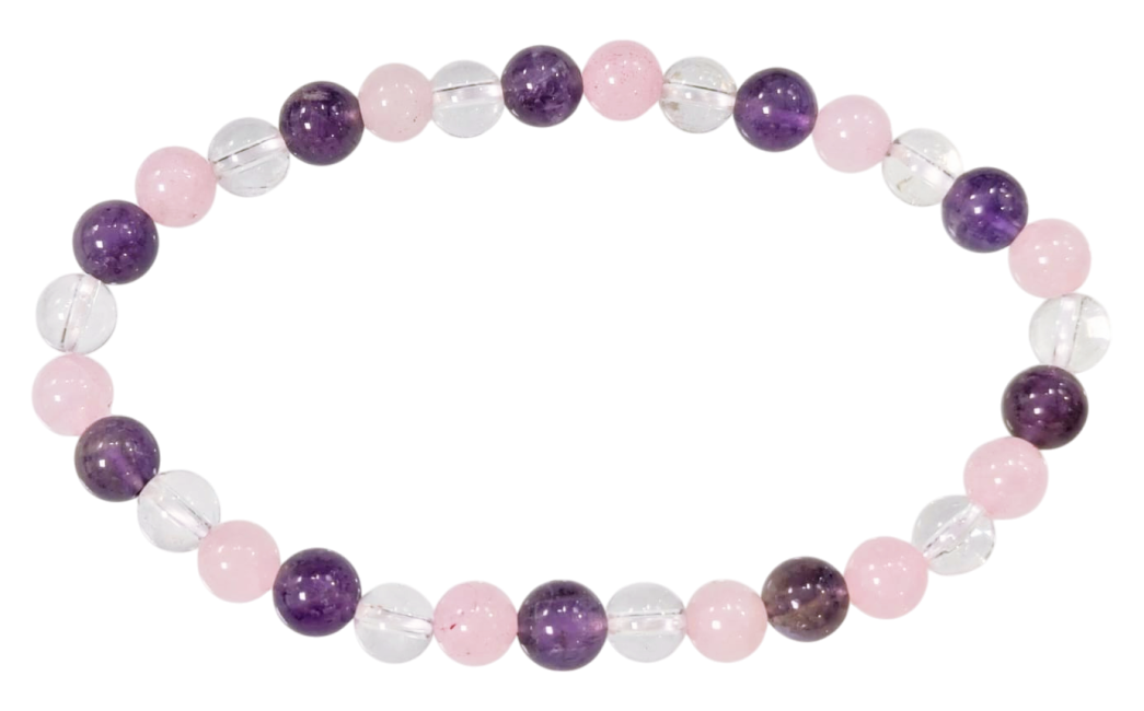 Bracciale elasticizzato pietre dure Ametista-Cristallo di rocca-Quarzo rosa 6mm
