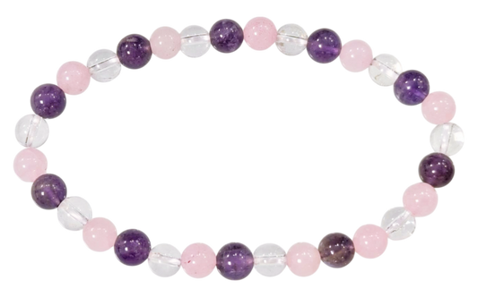 Armband, dehnbar, aus Halbedelsteinen (Amethyst, Bergkristall, Rosenquarz), 6 mm