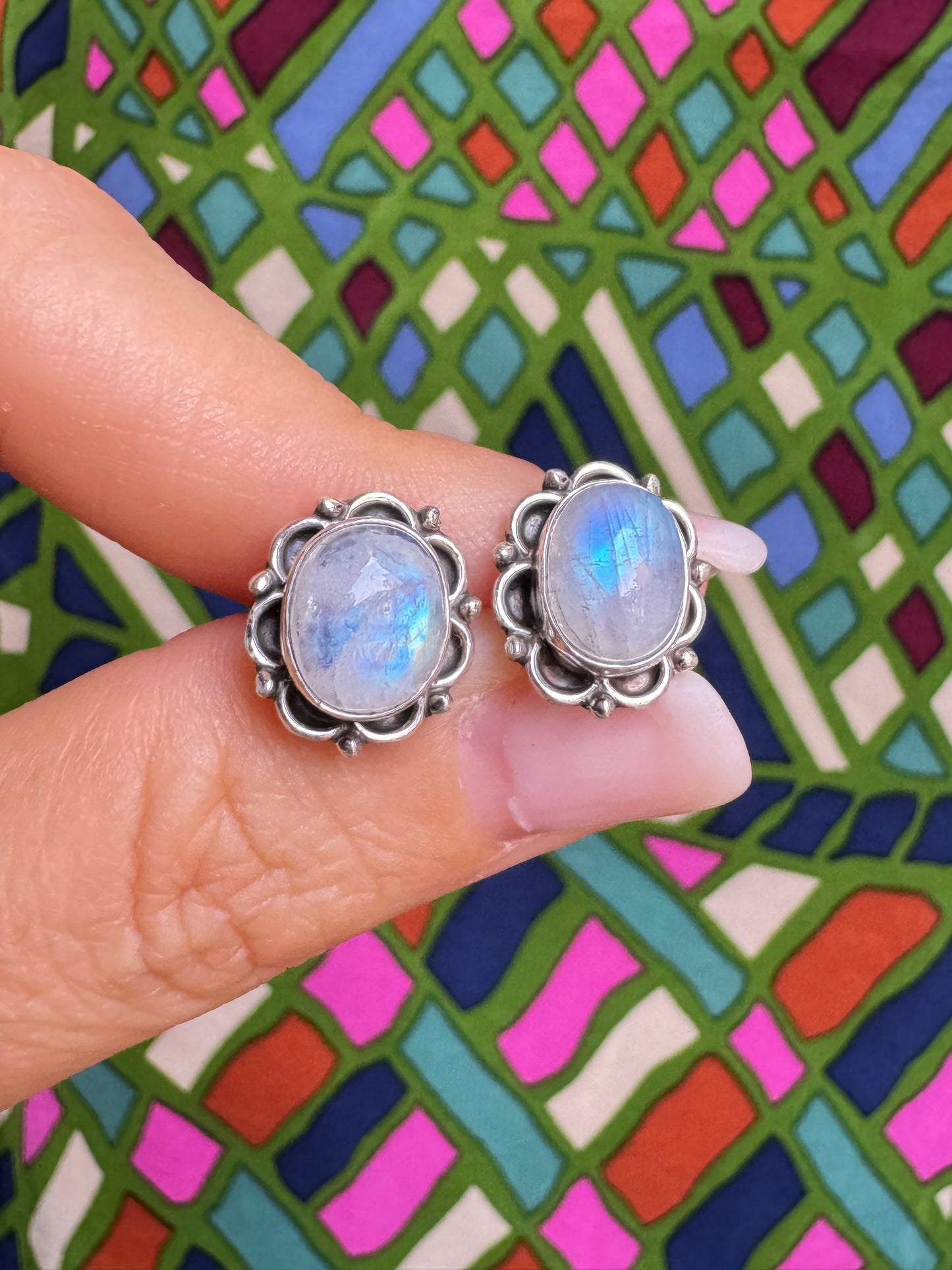 925 Silver Rainbow Moonstone Stud Earrings