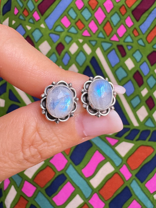 925 Silver Rainbow Moonstone Stud Earrings