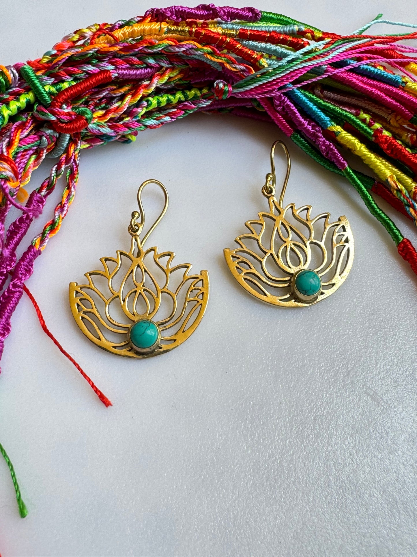 Gold Turquoise Lotus Flower Boho Earrings