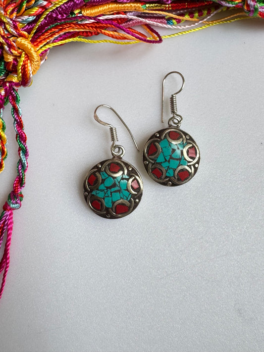 Nepalese turquoise and red earrings
