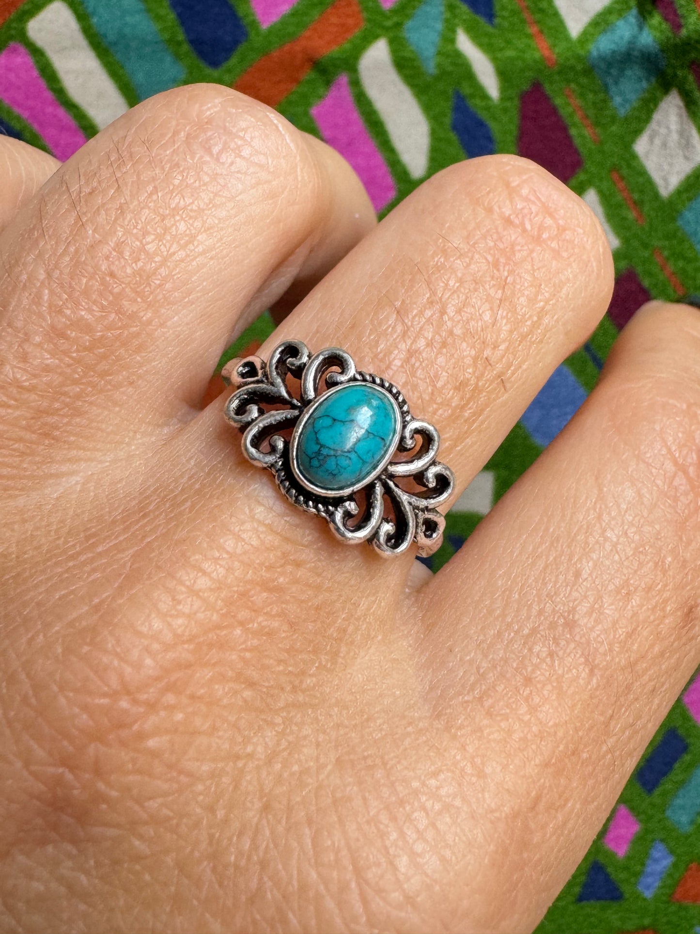 Anello boho argentato turchese