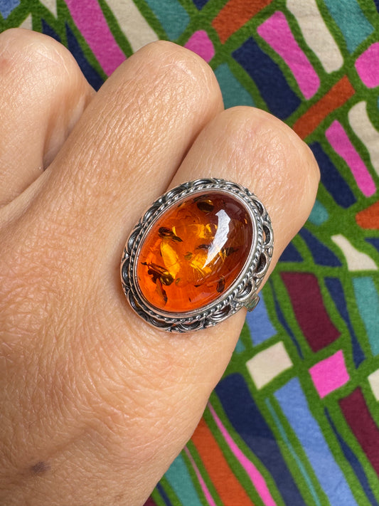 925 silver amber ring size 18 adjustable 47A