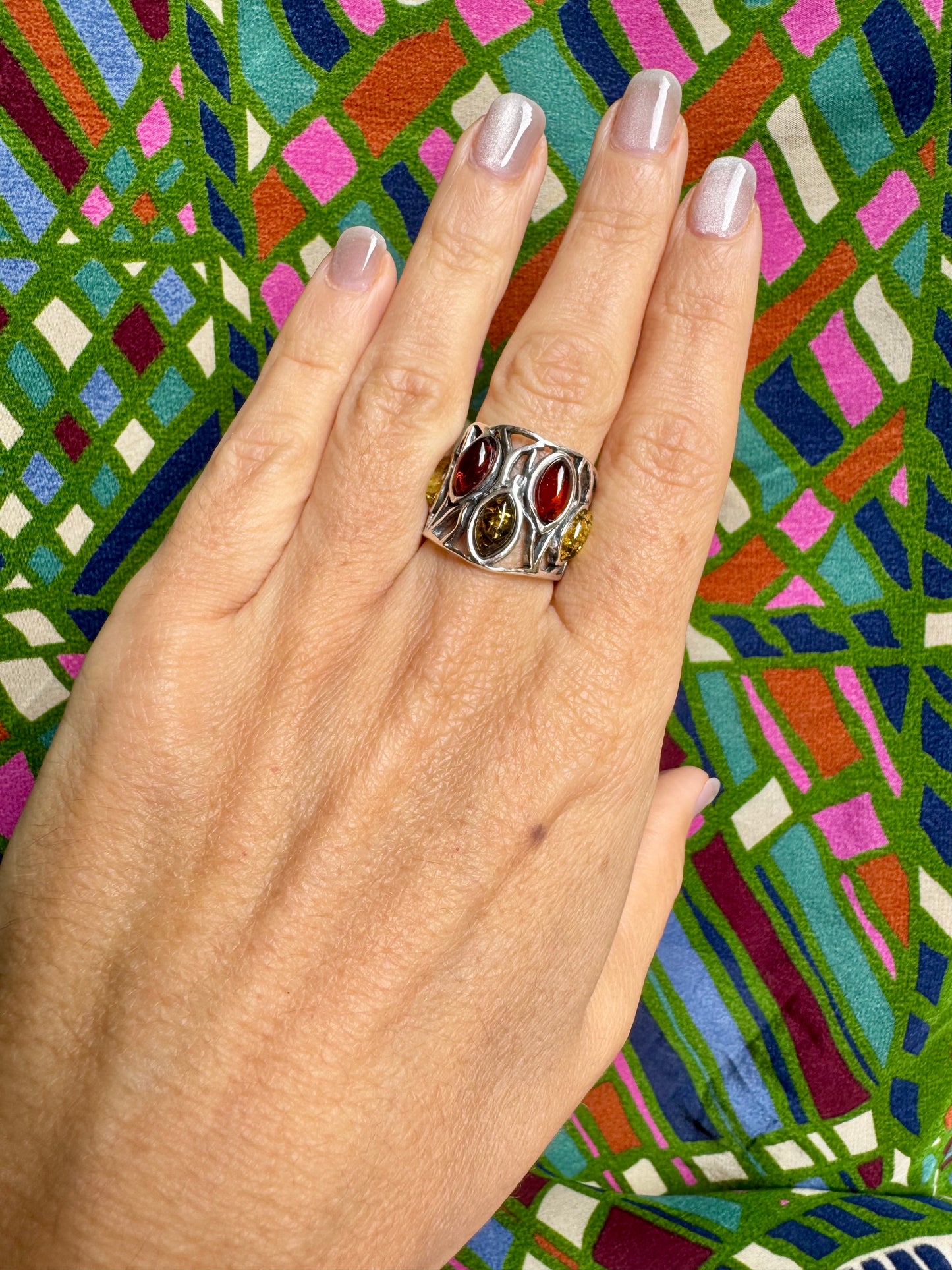 925 silver amber ring size 13/14 adjustable 46A