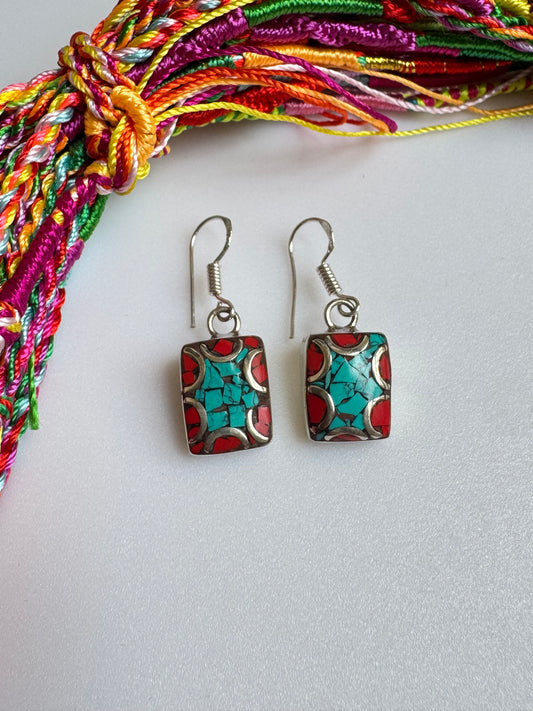 Nepalese turquoise and red earrings
