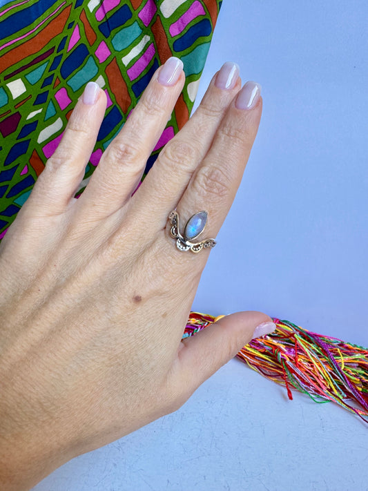 Anello argento 925 Pietra di luna arcobaleno misura 19/20 - 3LO