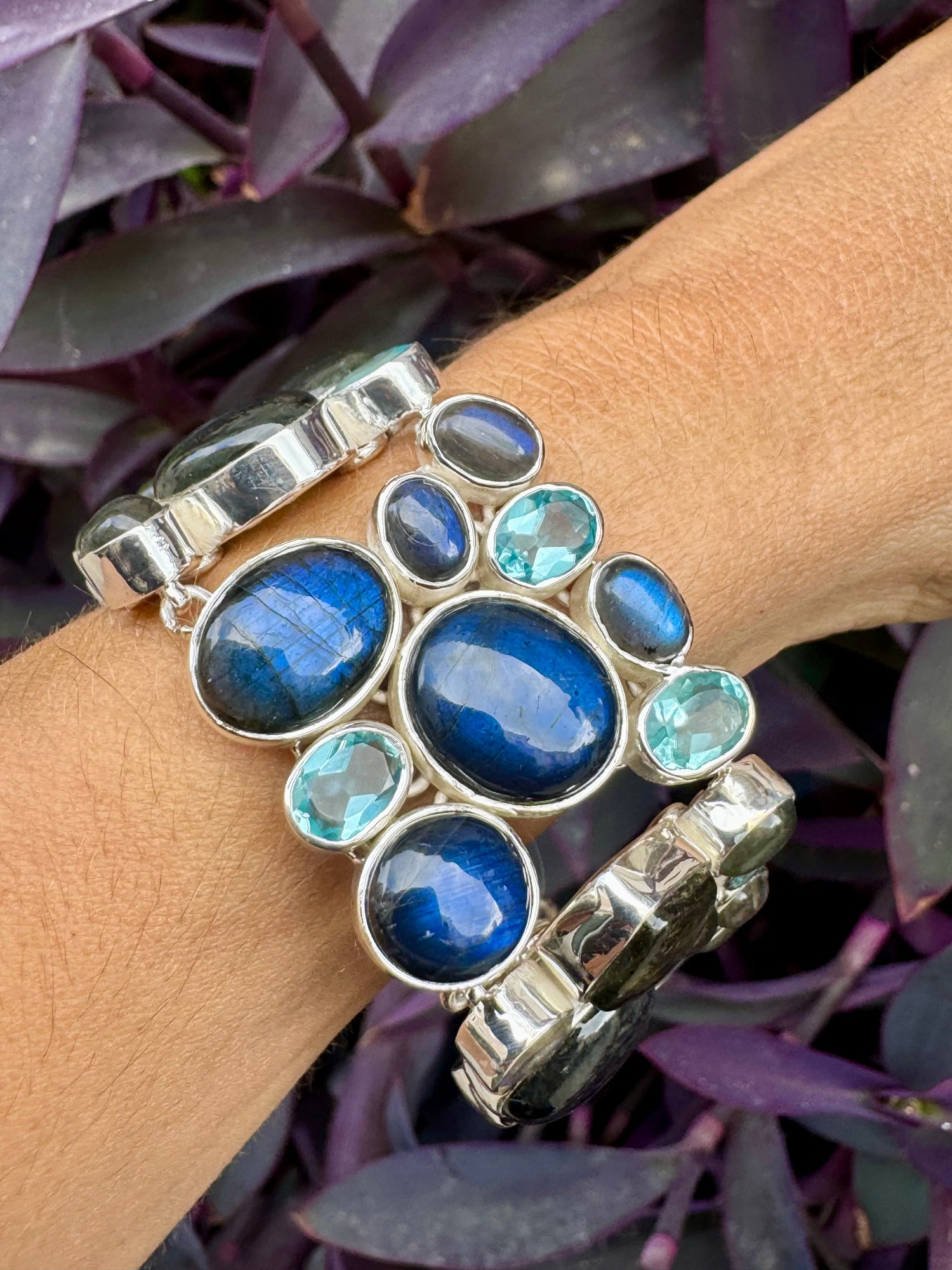 Labradorite, pietra di luna, acquamarina e bracciale a levetta in argento massiccio! - Italia Labradorite, pietra di luna, acquamarina e bracciale a levetta in argento massiccio! - Italia