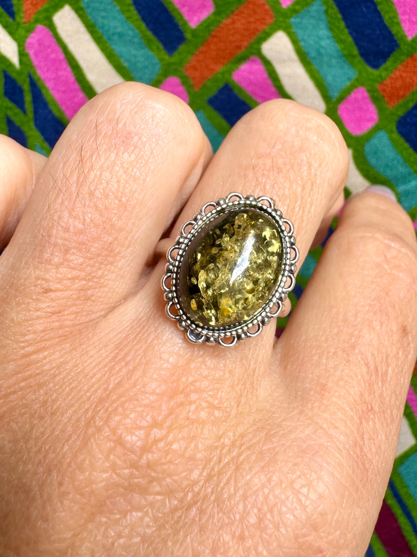 925 silver amber ring size 14 adjustable 52A