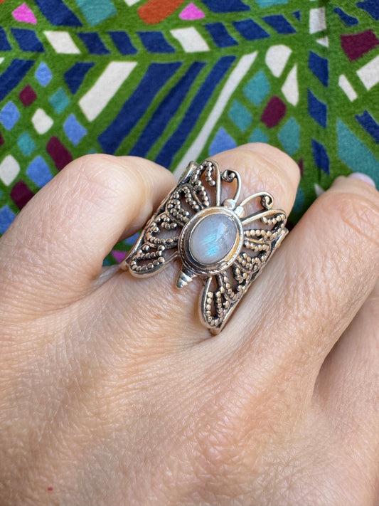 925 Silber Ring Regenbogen Mondstein Größe 14 - F79