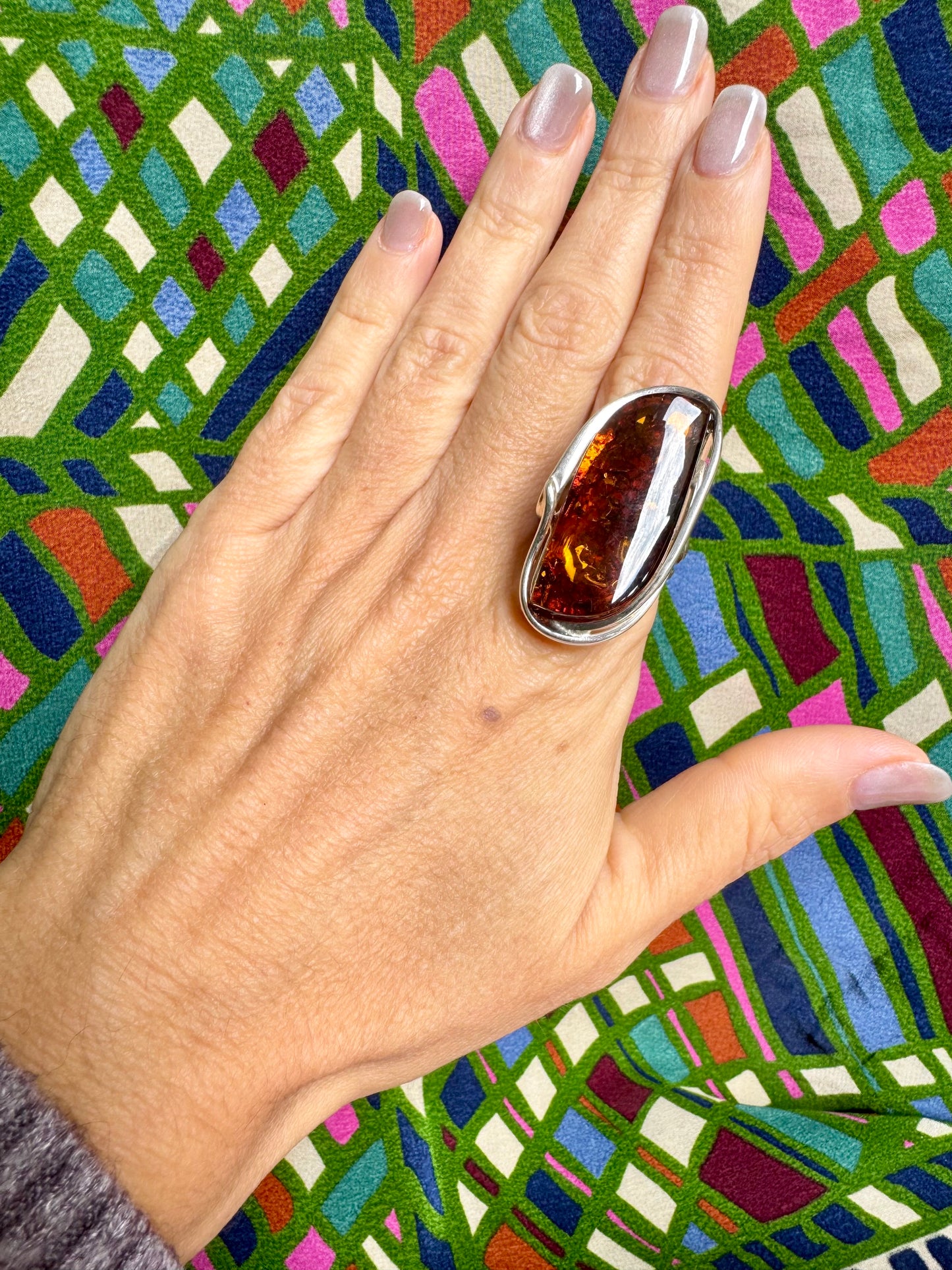 925er Silberring mit Bernstein, Größe 21, verstellbar 56A