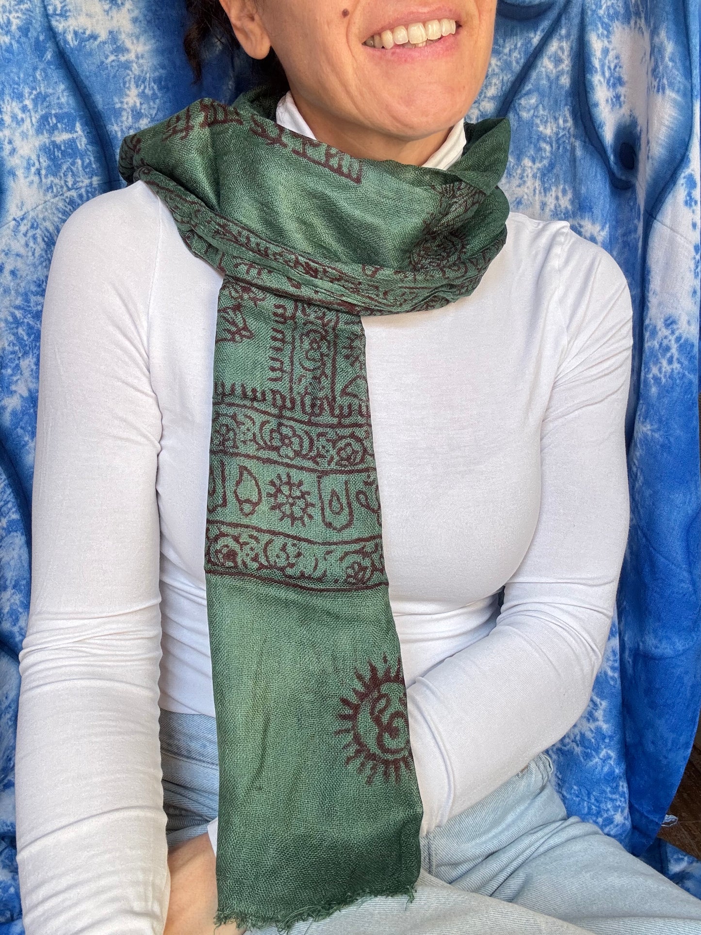 Pashmina sciarpa India verde ohm e Shiva