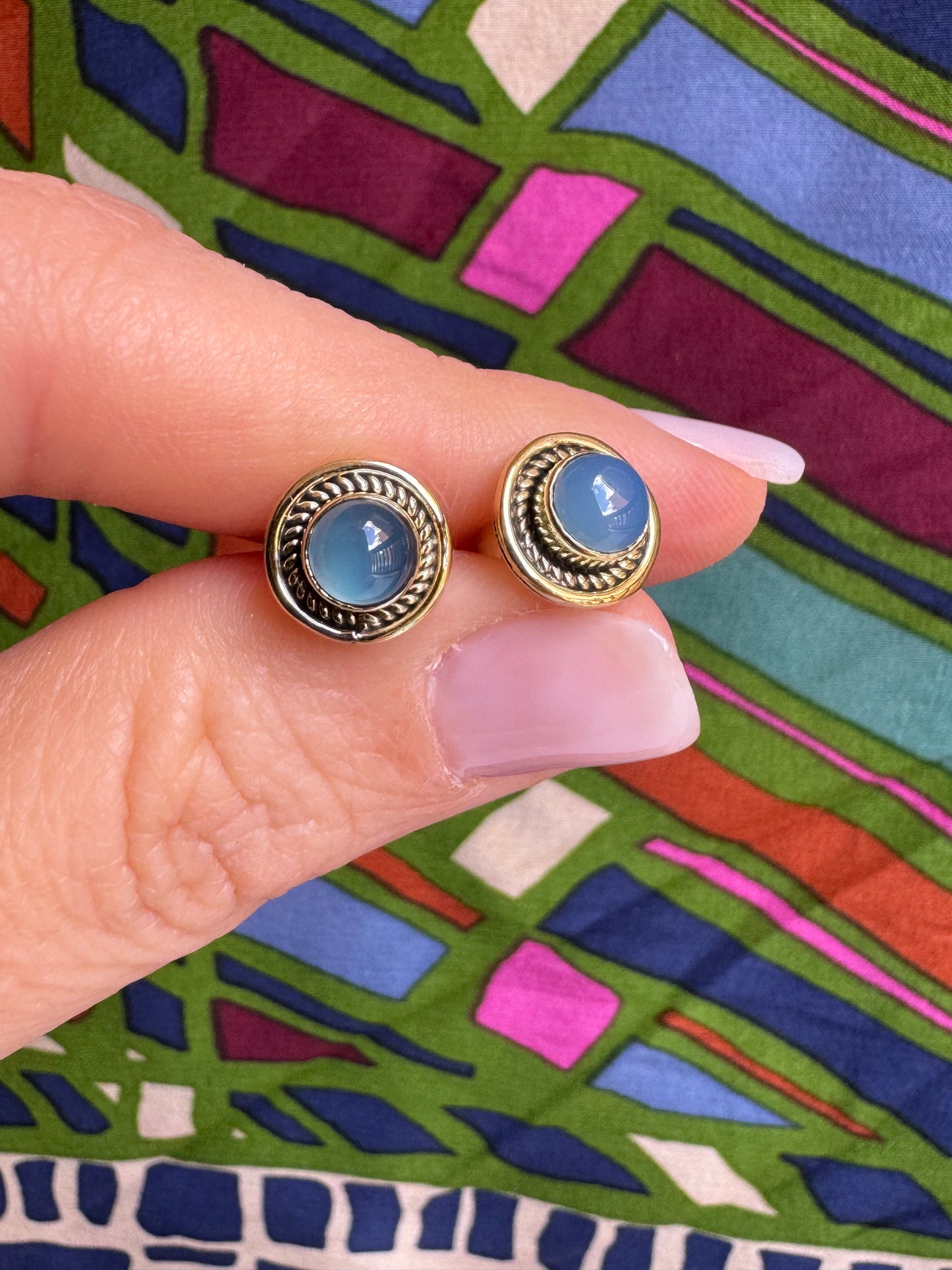 Golden boho earrings light blue lobe