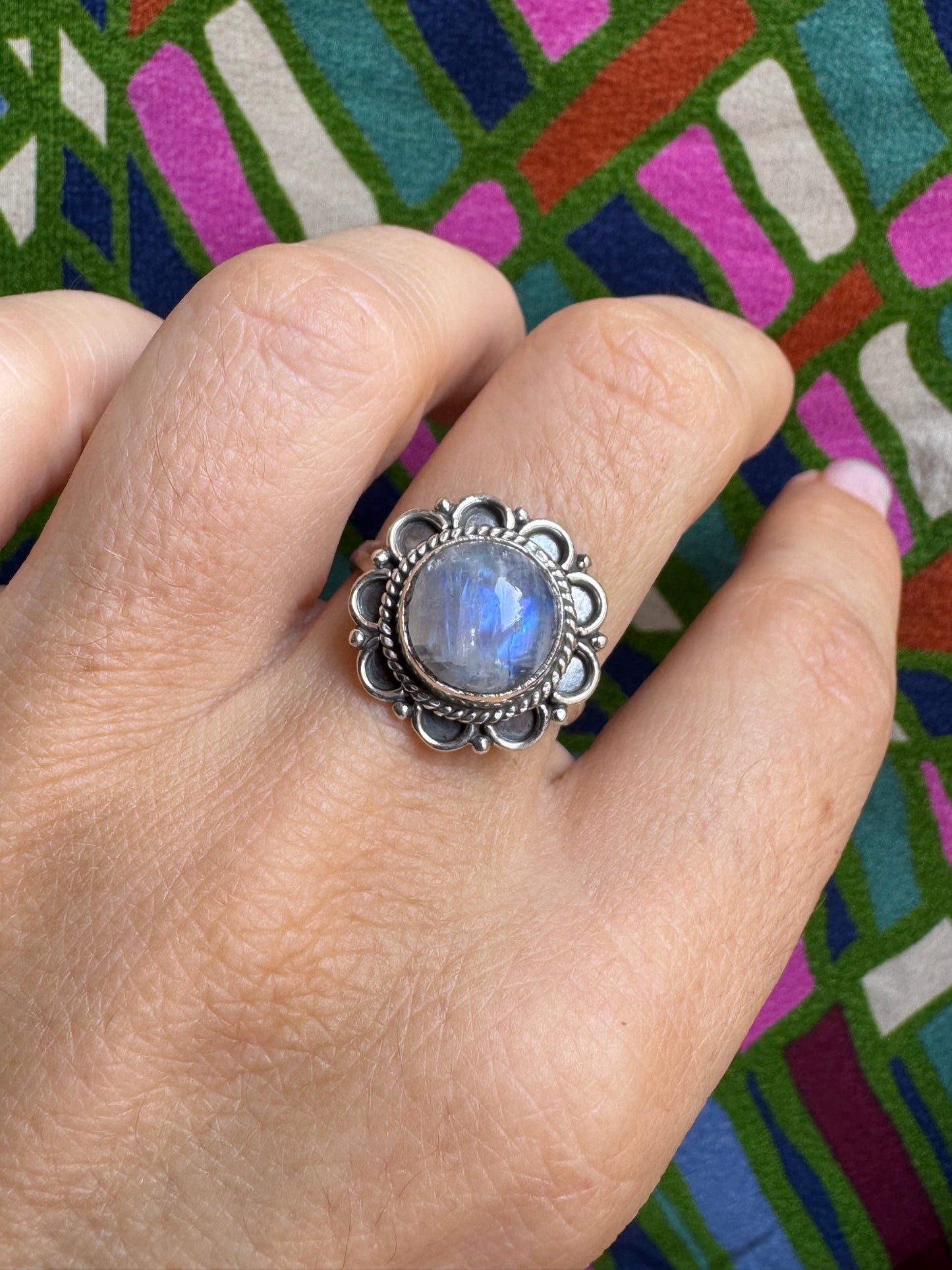 925 Silber Regenbogen Mondstein Ring Größe 16/17 - G4