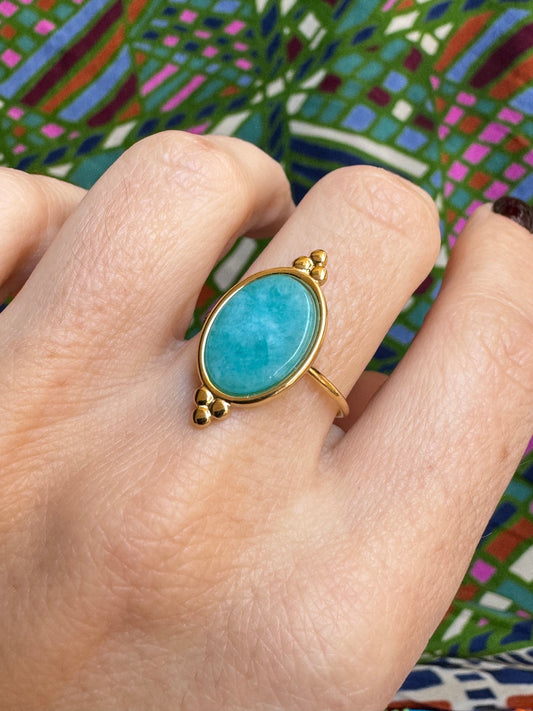 Turquoise golden steel ring