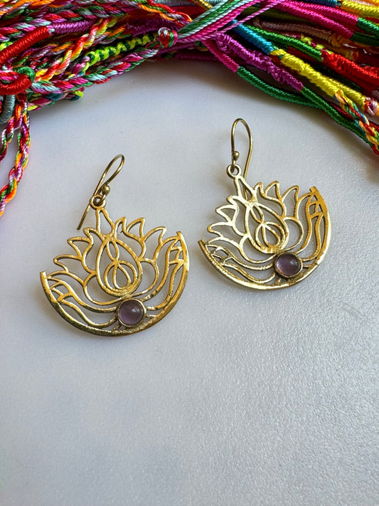 Boho earrings gold purple lotus flower